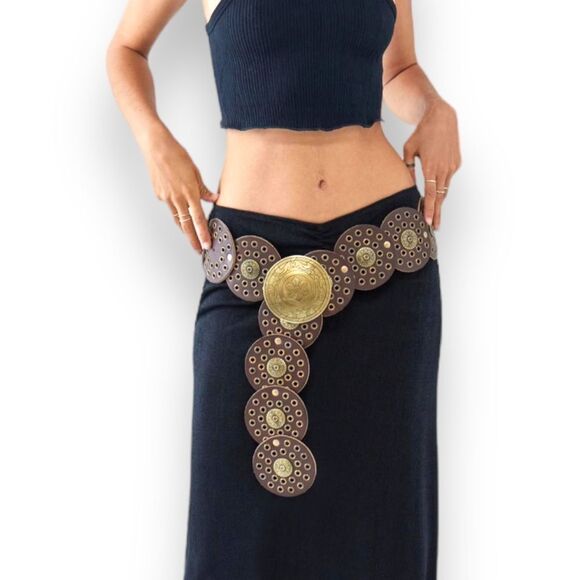 Brown Medallion Studded Coin Buckle Statement Belt NWT